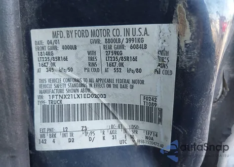 2001 Ford F-250 Lariat/Xl/Xlt z USA, uszkodzony, nr VIN 1FTNX21LX1ED02003